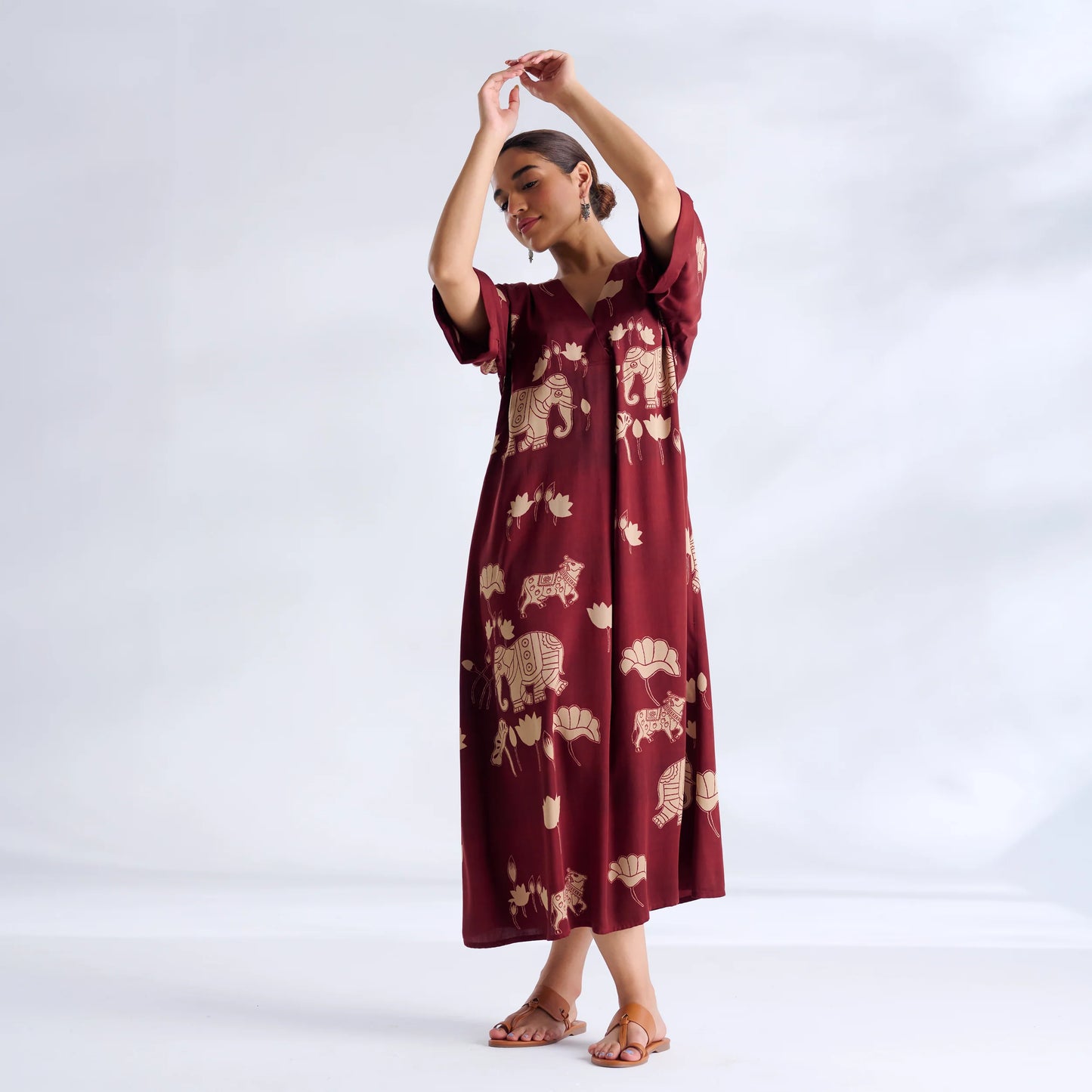 Maroon Elephant Print Kaftan Midi Dress