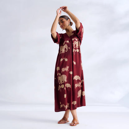 Maroon Elephant Print Kaftan Midi Dress