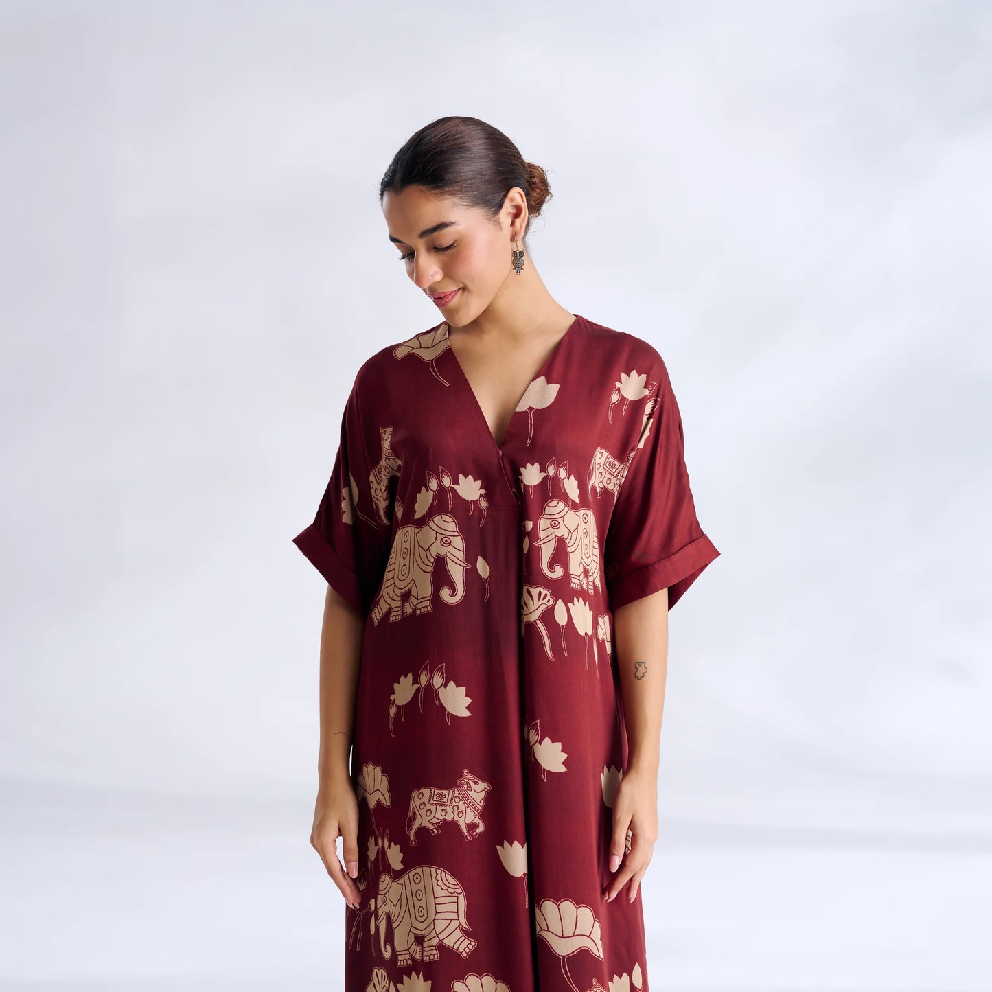 Maroon Elephant Print Kaftan Midi Dress