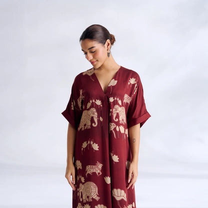 Maroon Elephant Print Kaftan Midi Dress