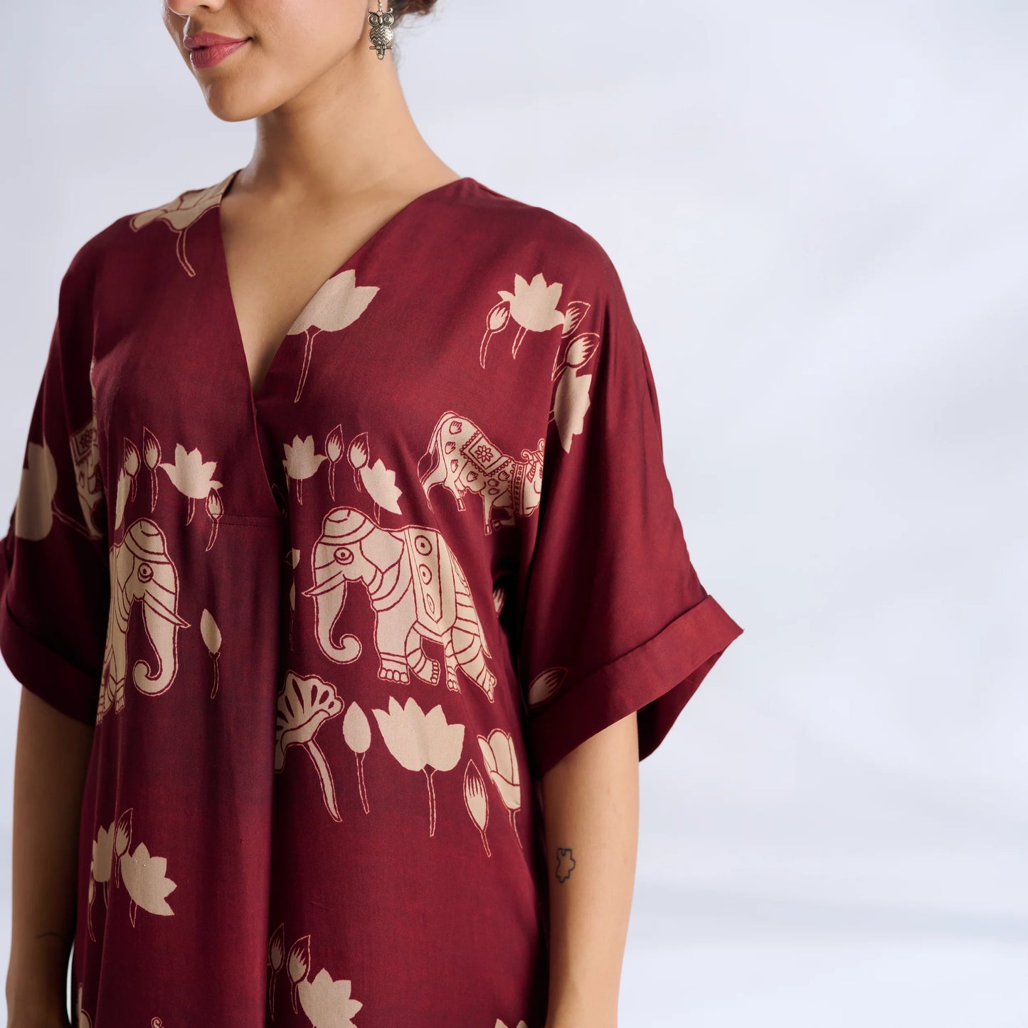 Maroon Elephant Print Kaftan Midi Dress