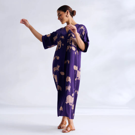 Purple Printed Kaftan Midi Dress