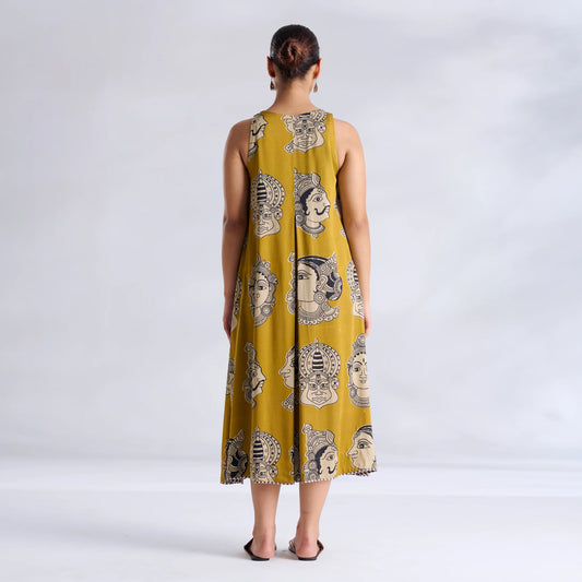 Mustard Printed A-Line Midi Dress-