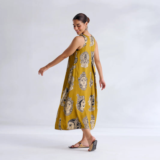 Mustard Printed A-Line Midi Dress-