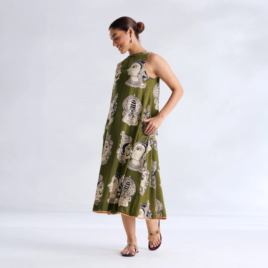 Olive Green Printed A-Line Midi Dress