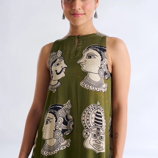 Olive Green Printed A-Line Midi Dress