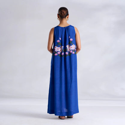 Blue Printed Sleeveless Maxi Dress