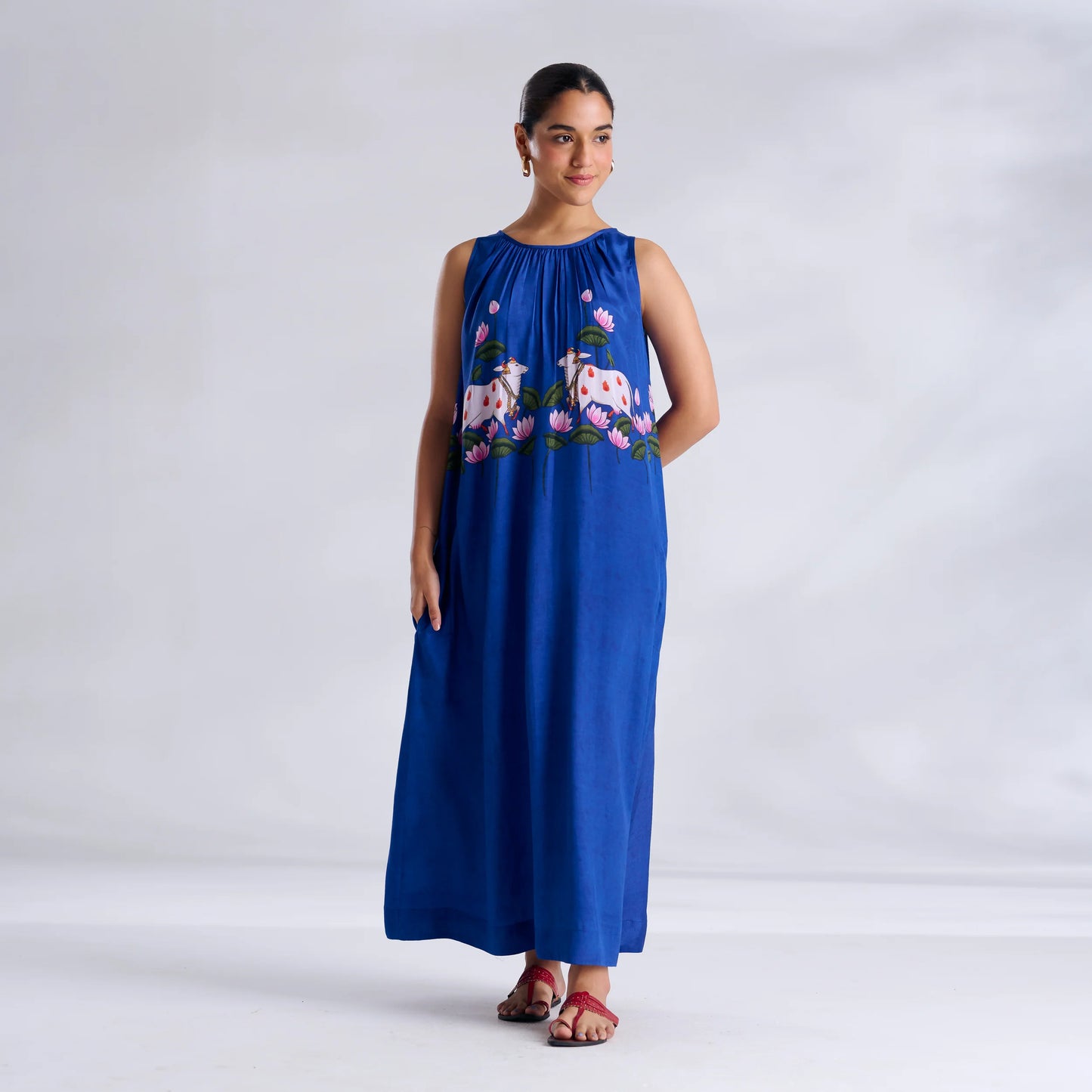 Blue Printed Sleeveless Maxi Dress