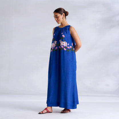 Blue Printed Sleeveless Maxi Dress