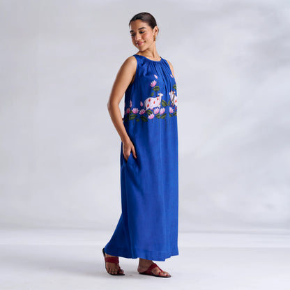 Blue Printed Sleeveless Maxi Dress