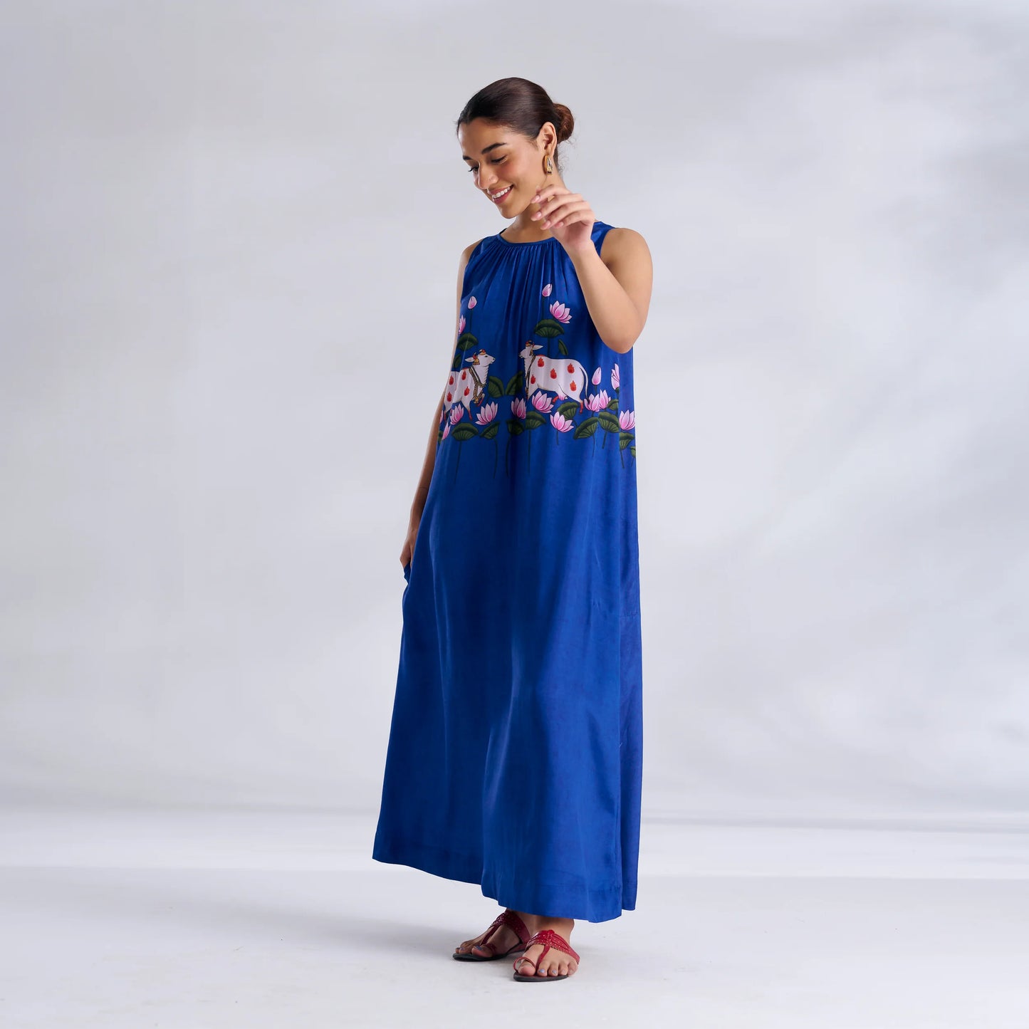 Blue Printed Sleeveless Maxi Dress