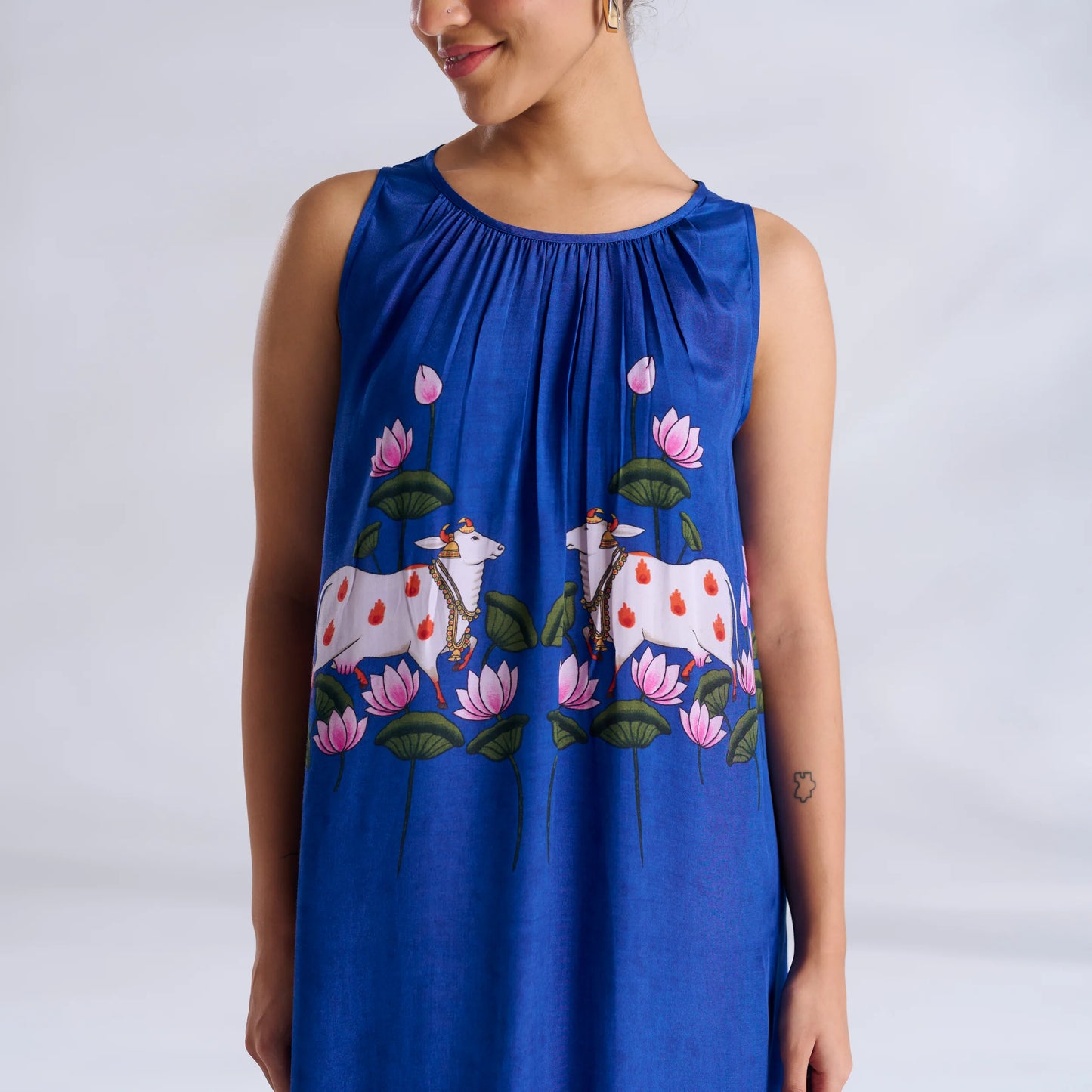 Blue Printed Sleeveless Maxi Dress