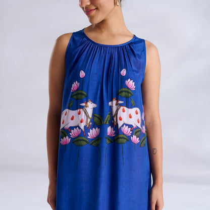 Blue Printed Sleeveless Maxi Dress