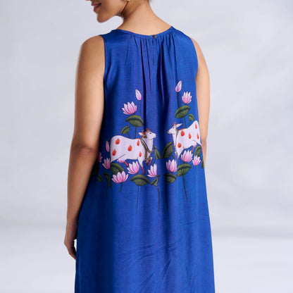 Blue Printed Sleeveless Maxi Dress
