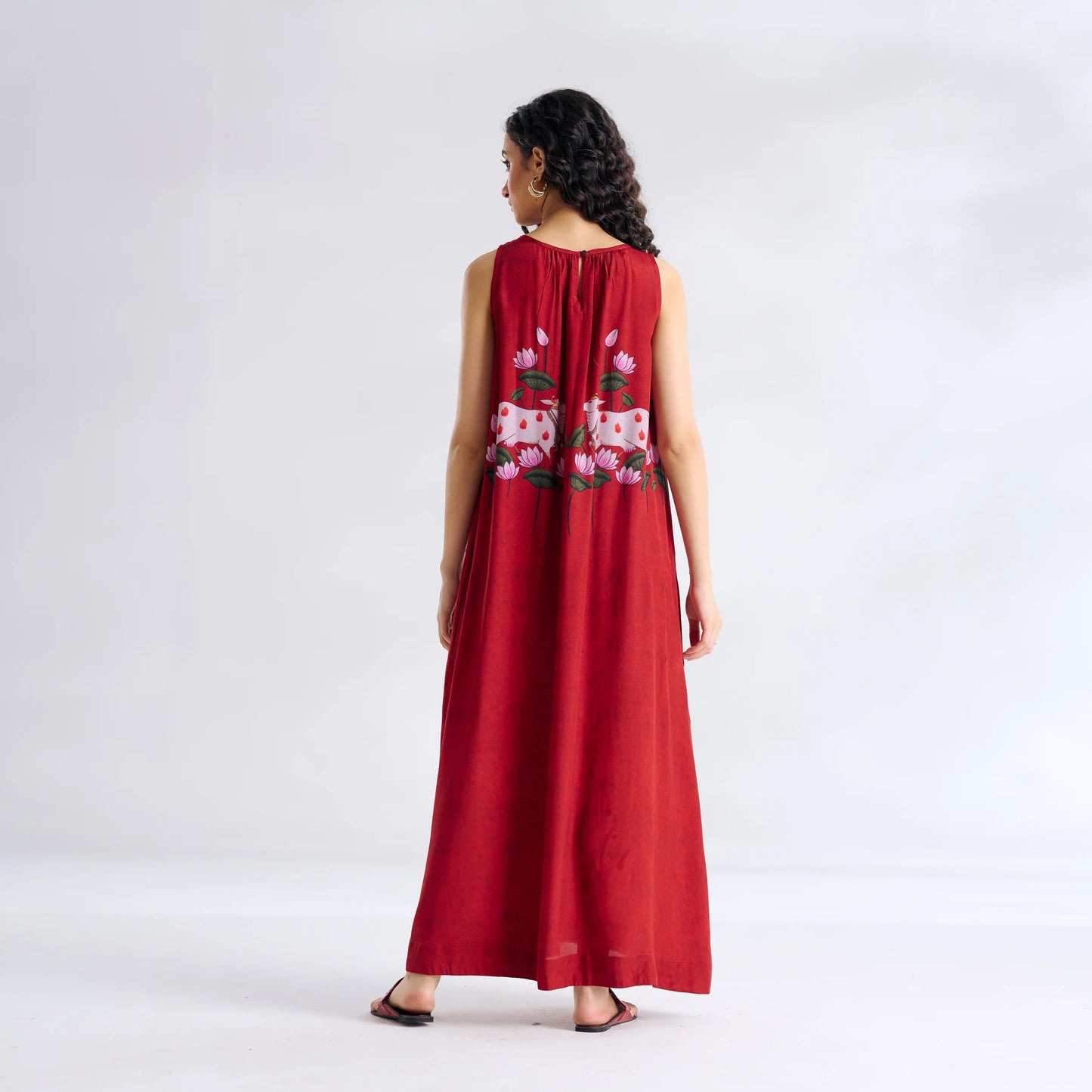 Red Lotus Print Sleeveless Maxi Dress