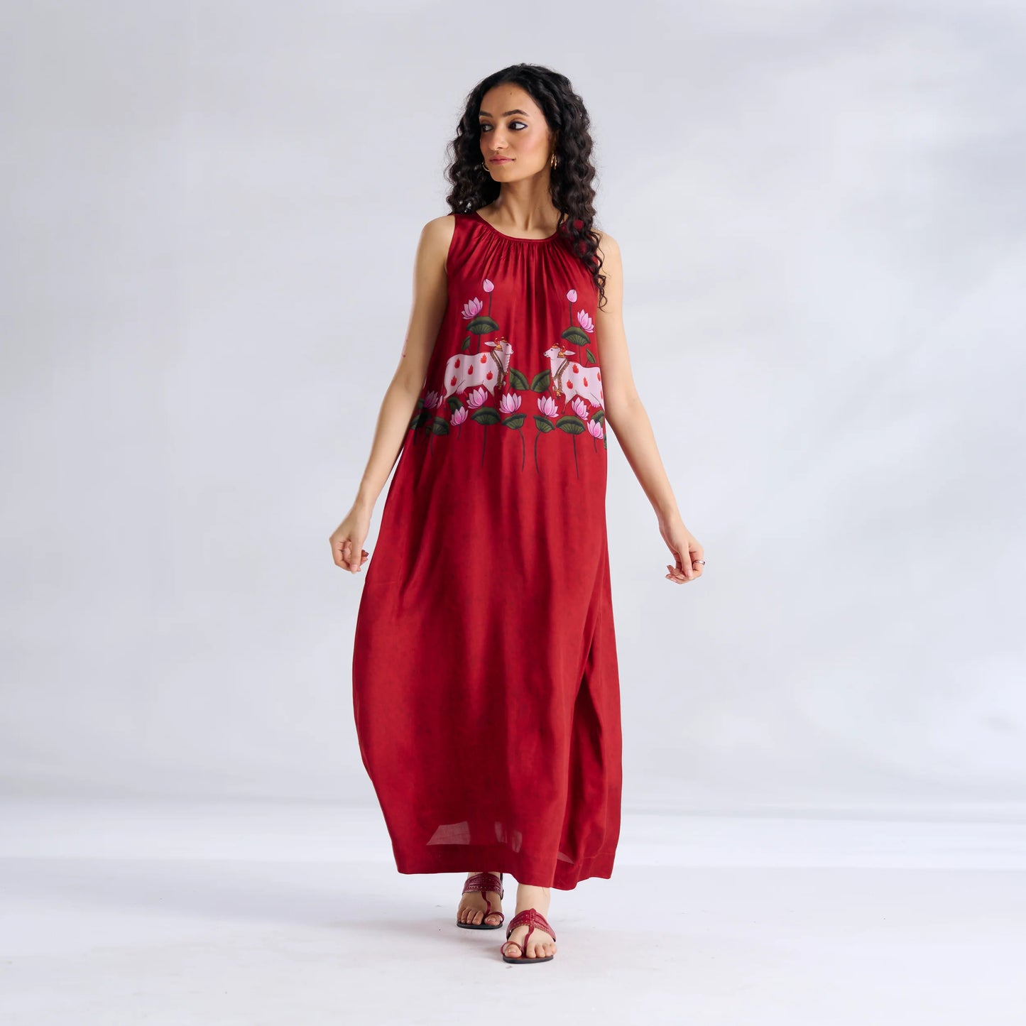 Red Lotus Print Sleeveless Maxi Dress