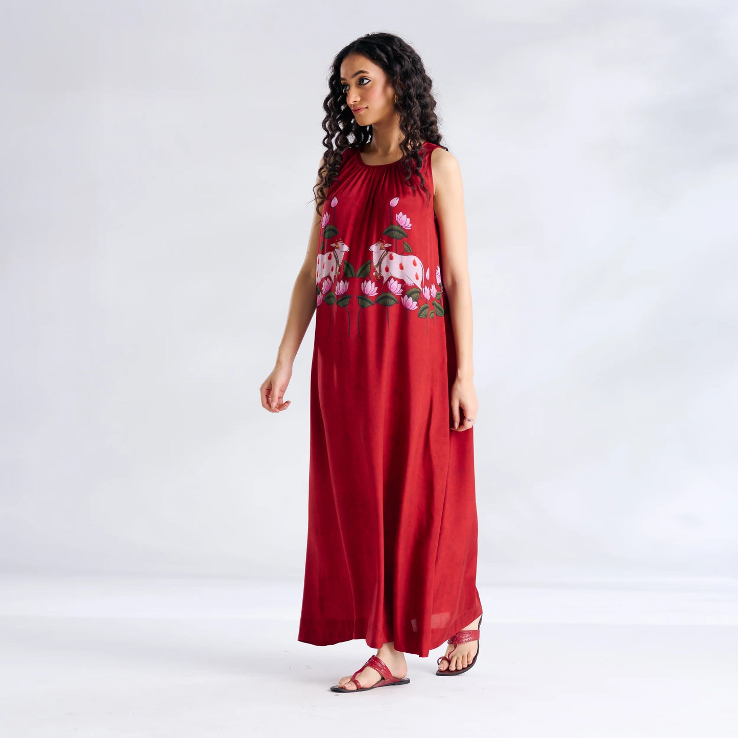 Red Lotus Print Sleeveless Maxi Dress