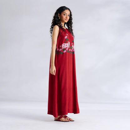 Red Lotus Print Sleeveless Maxi Dress
