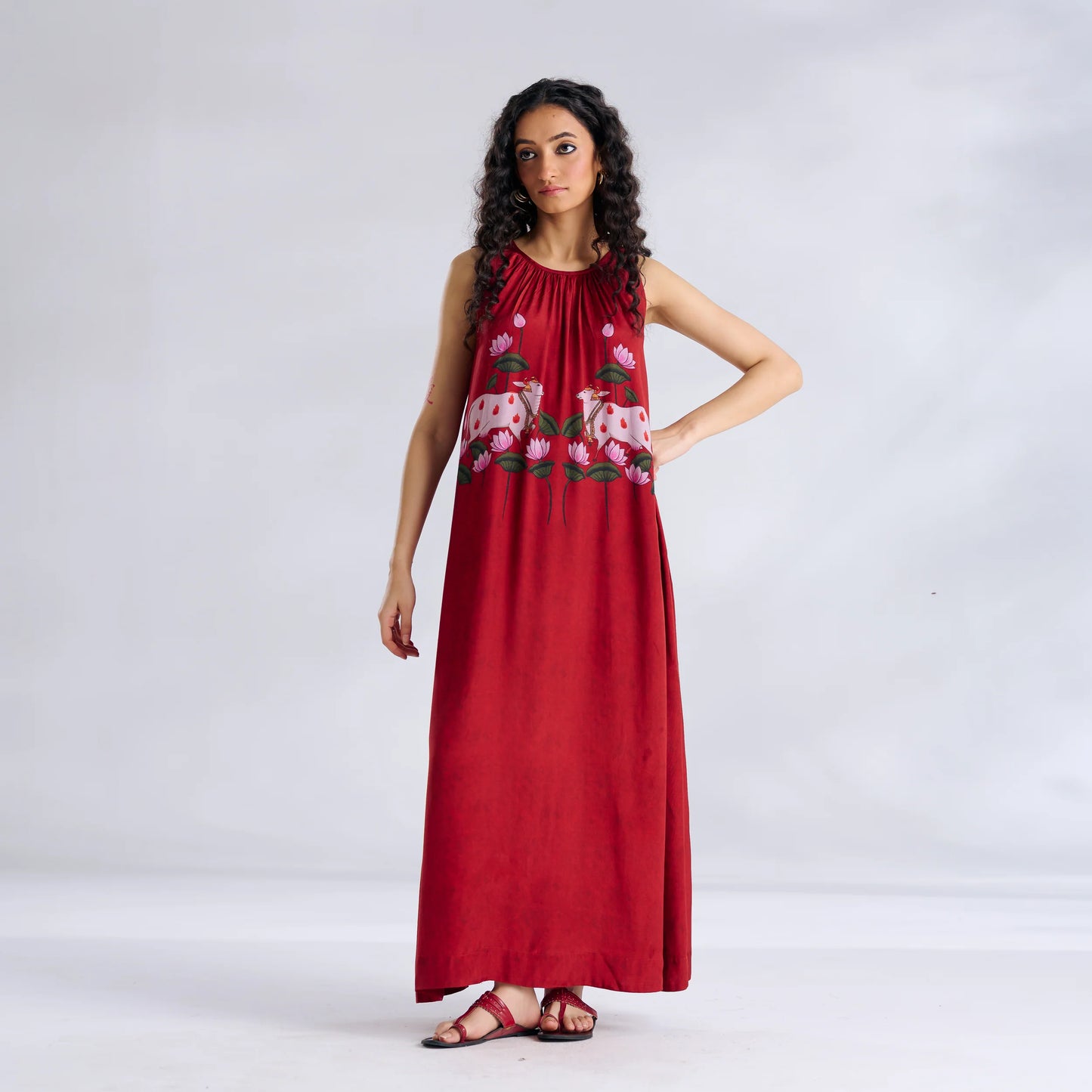 Red Lotus Print Sleeveless Maxi Dress