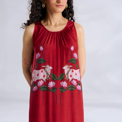 Red Lotus Print Sleeveless Maxi Dress