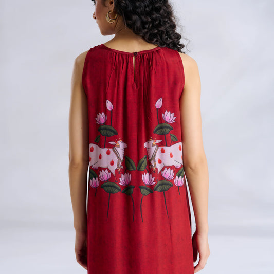 Red Lotus Print Sleeveless Maxi Dress