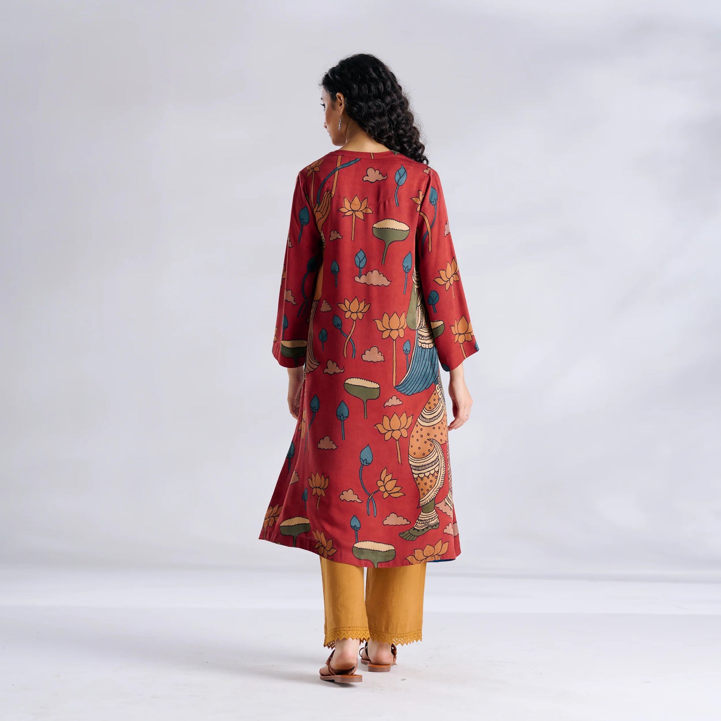 Red Printed Kurta with Mustard Pants Set