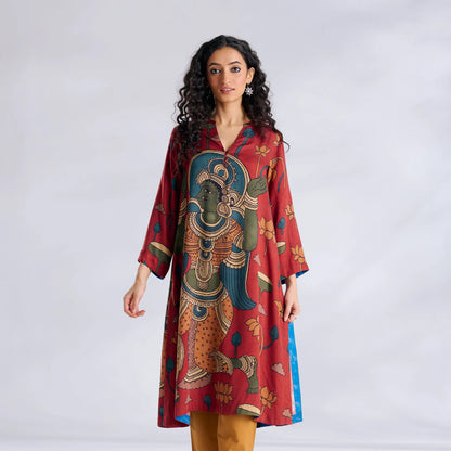 Red Printed Kurta with Mustard Pants Set