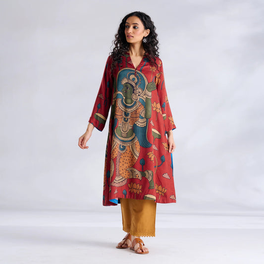 Red Printed Kurta with Mustard Pants Set