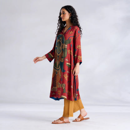 Red Printed Kurta with Mustard Pants Set