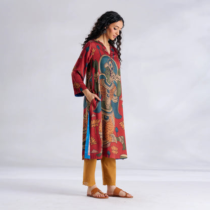 Red Printed Kurta with Mustard Pants Set