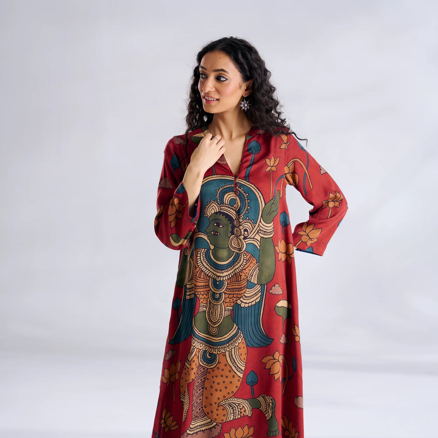 Red Printed Kurta with Mustard Pants Set