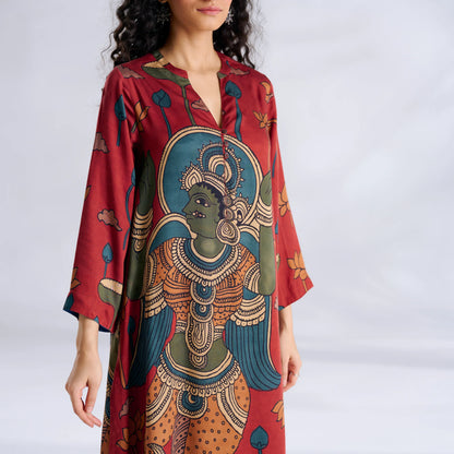 Red Printed Kurta with Mustard Pants Set