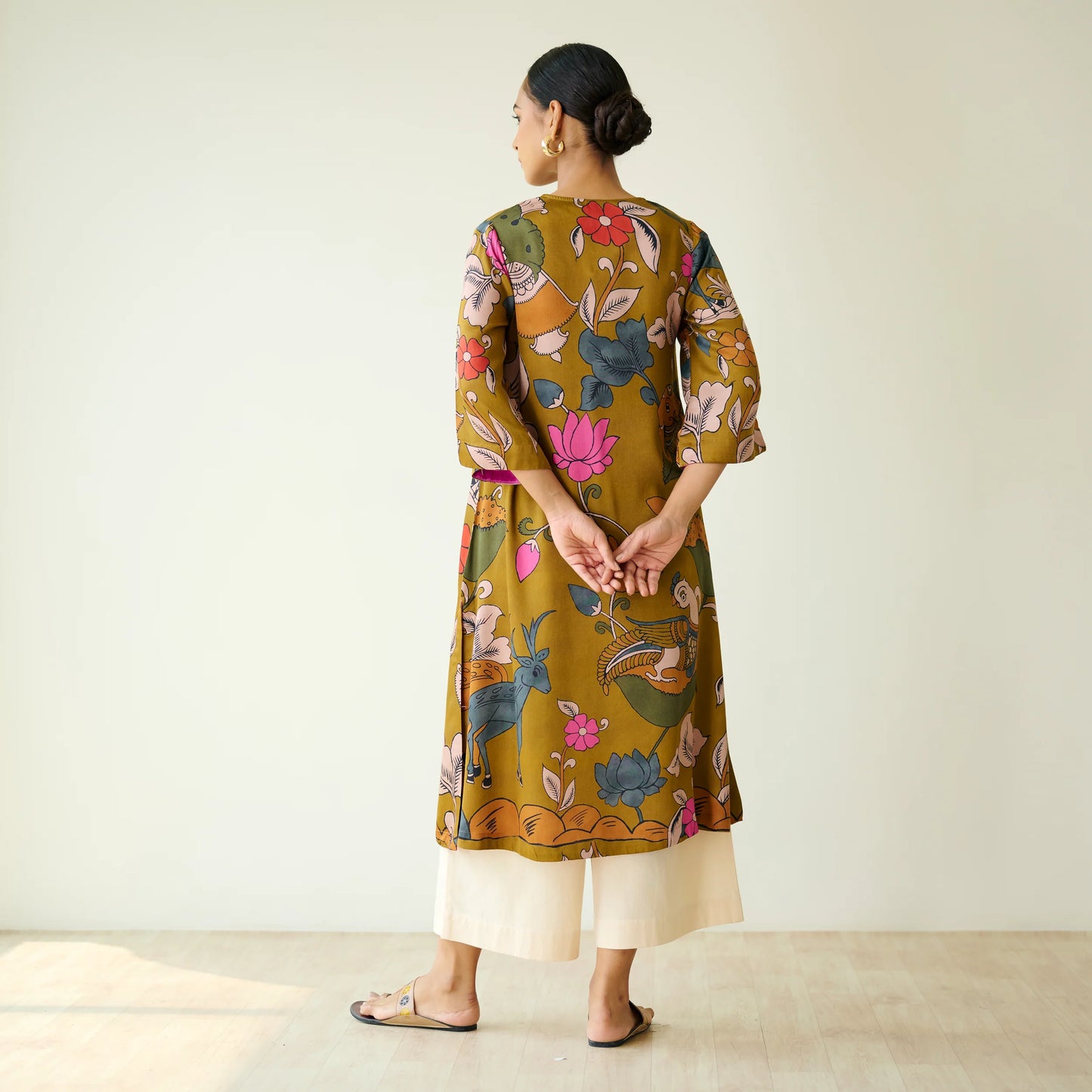 Mustard Printed Artistic Kurta with Wide-Leg Pants Set