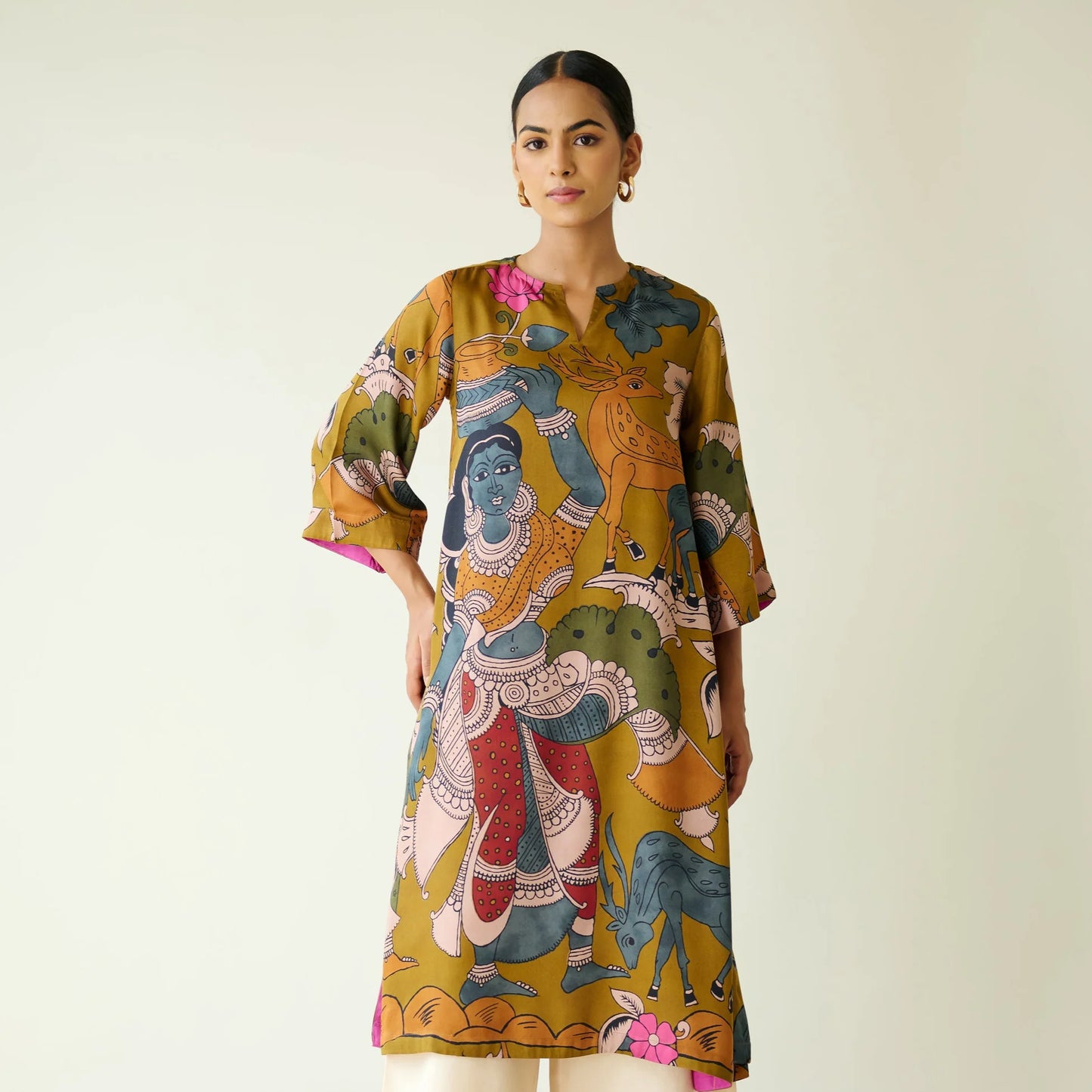 Mustard Printed Artistic Kurta with Wide-Leg Pants Set