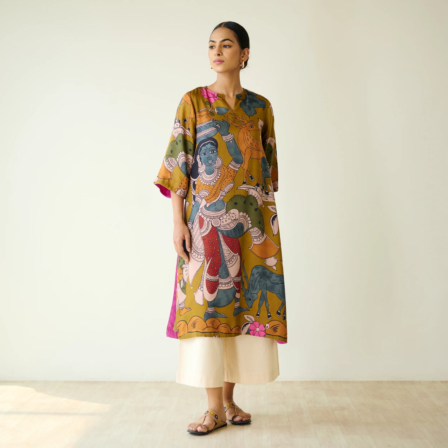 Mustard Printed Artistic Kurta with Wide-Leg Pants Set