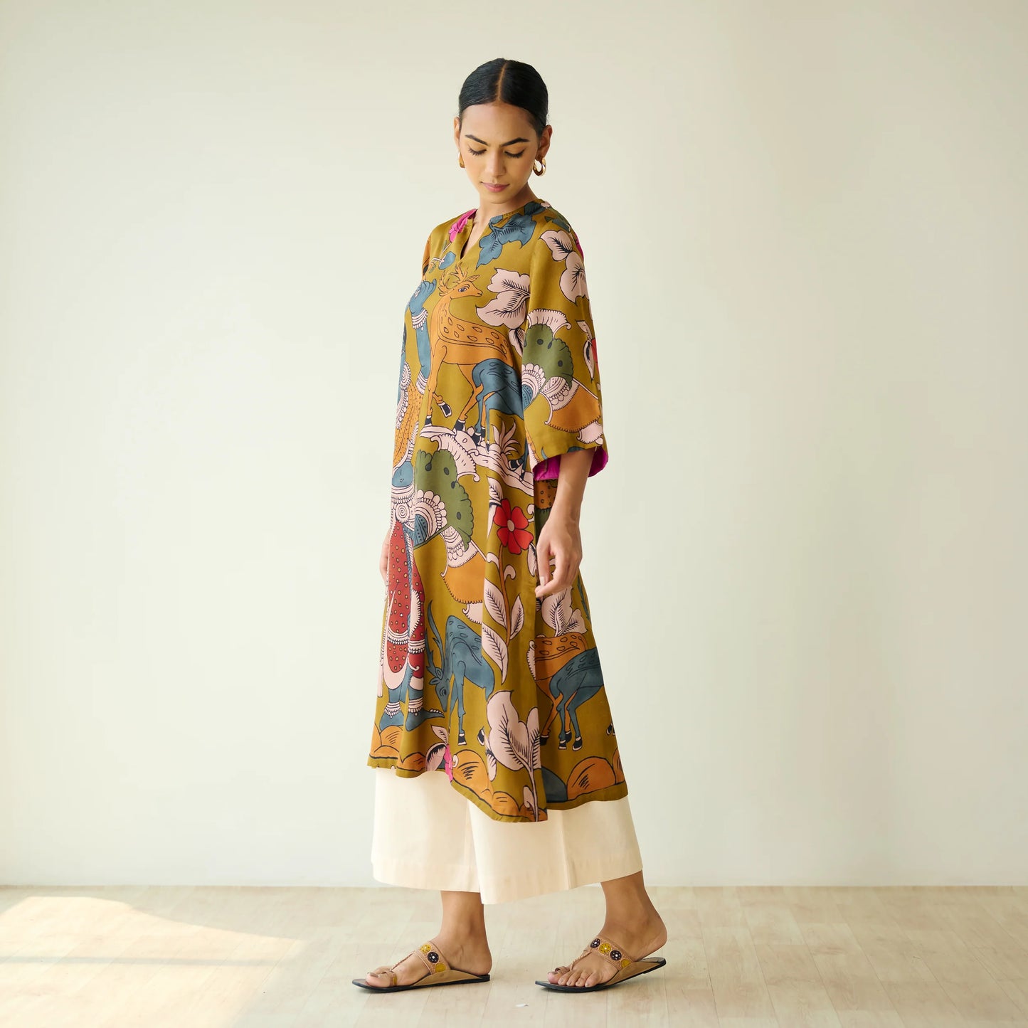 Mustard Printed Artistic Kurta with Wide-Leg Pants Set