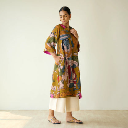 Mustard Printed Artistic Kurta with Wide-Leg Pants Set