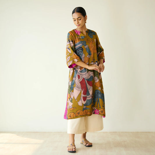 Mustard Printed Artistic Kurta with Wide-Leg Pants Set