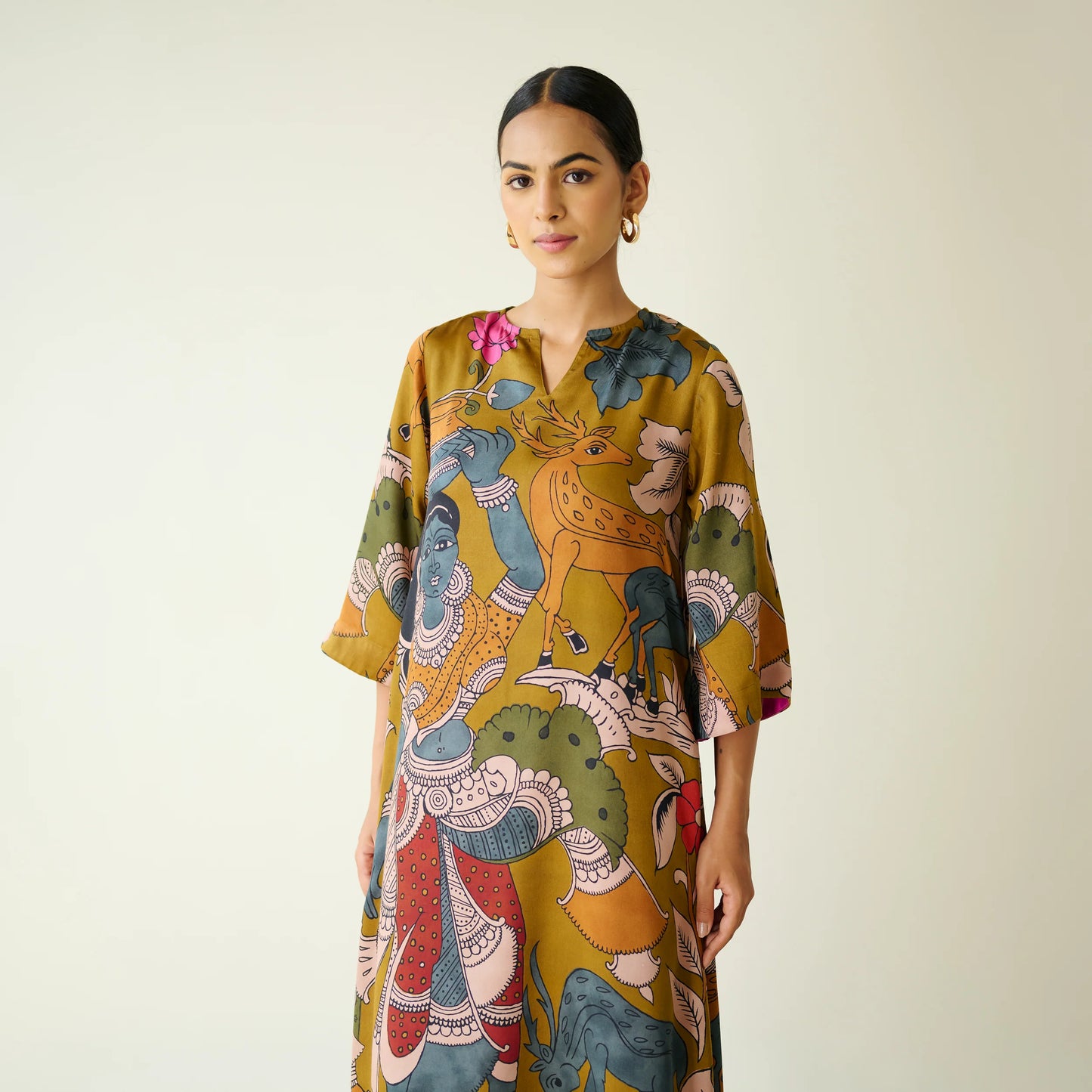Mustard Printed Artistic Kurta with Wide-Leg Pants Set