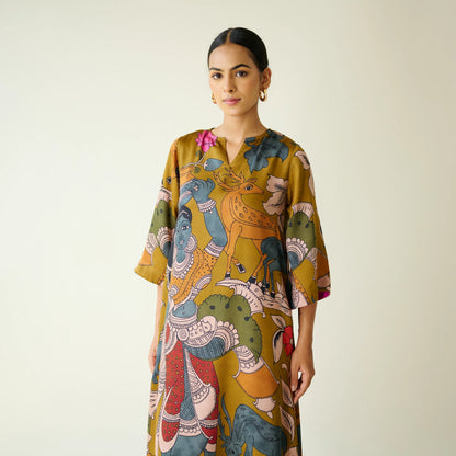 Mustard Printed Artistic Kurta with Wide-Leg Pants Set
