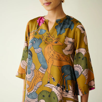 Mustard Printed Artistic Kurta with Wide-Leg Pants Set
