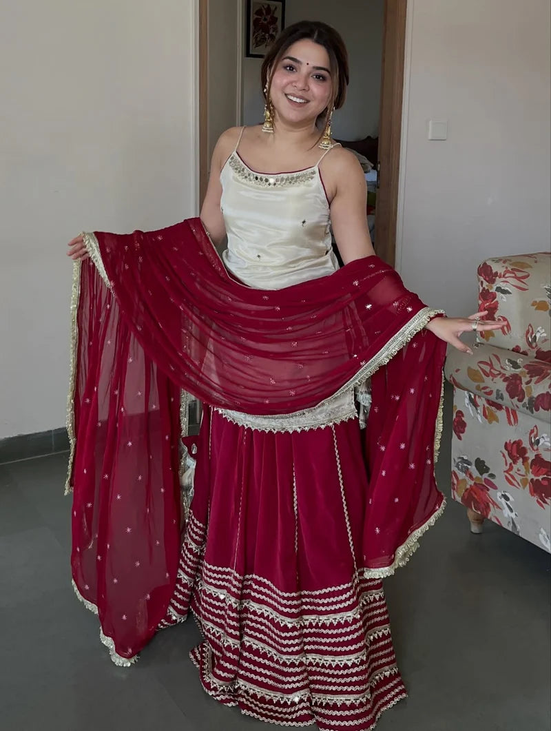 Ivory & Maroon Festive Kurta Skirt Set