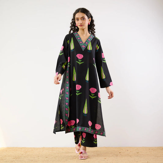 Printed V-Neck Kurta Set with Contrast Border
