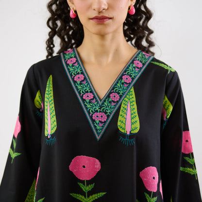 Printed V-Neck Kurta Set with Contrast Border