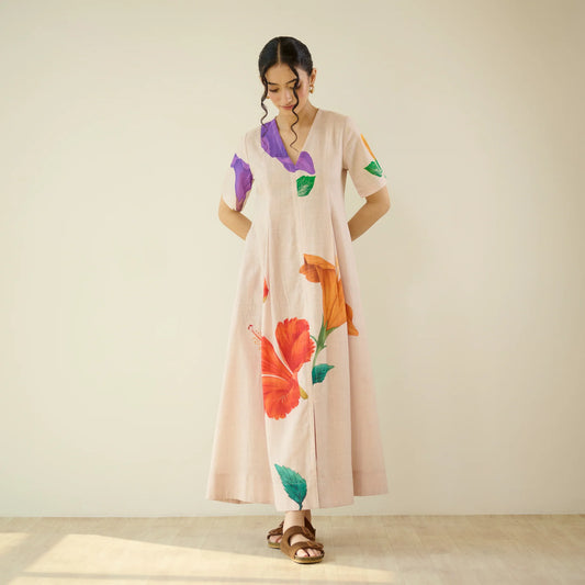 Floral Printed V-Neck Long Kurta Dress