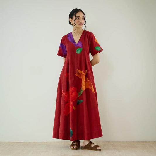 Floral Printed V-Neck Long Kurta Dress