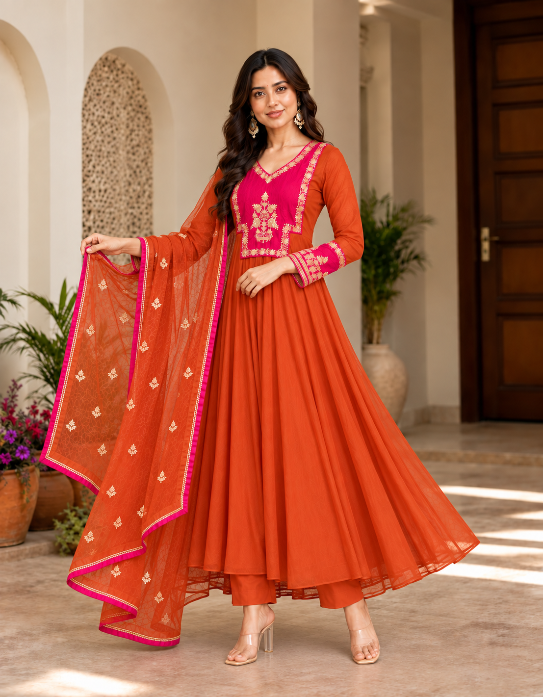 Kesariya Gulabi Anarkali Kurta Set