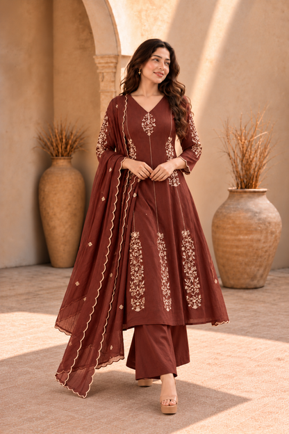 Mahogany Brown Embroidered Anarkali Kurta Set with Dupatta