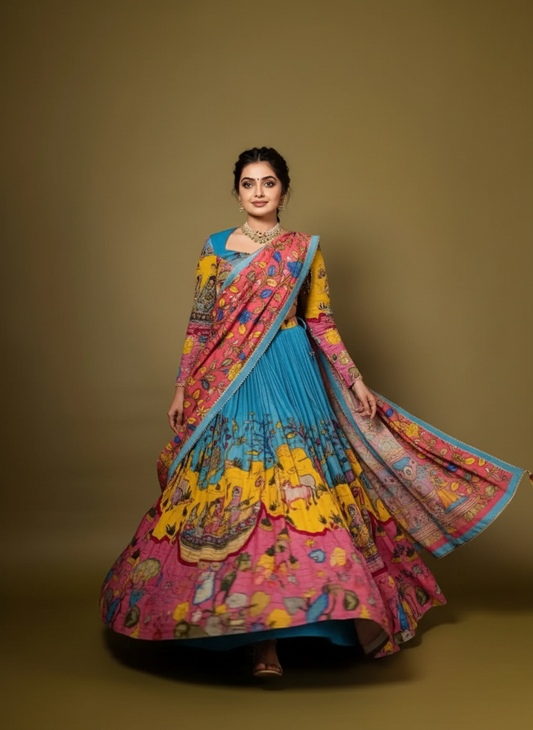 Kalamkari Print With Hand Work Bloom Fully Stitched Printed Lehenga Choli