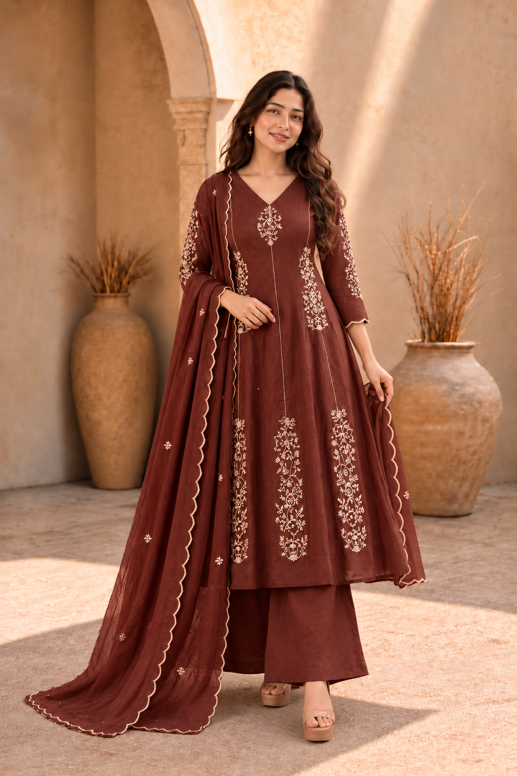 Mahogany Brown Embroidered Anarkali Kurta Set with Dupatta